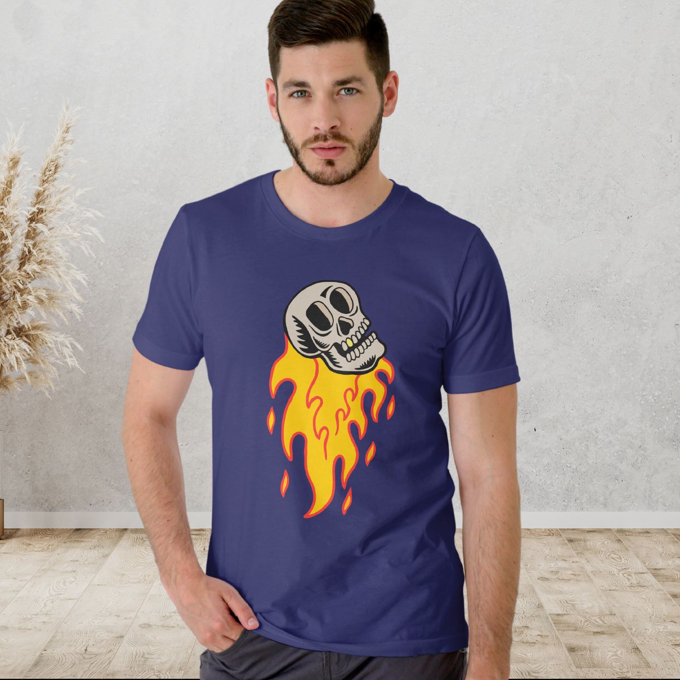 Fire Skeleton Round Neck Half Sleeve Classic Form For Men